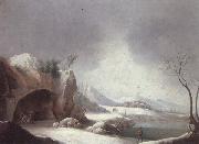 unknow artist A winter landscpae with travellers gathered aroubnd a fire in a grotto,overlooding a lake,a monastery beyond oil painting reproduction
